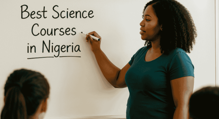 Photo of a Nigerian Curvy Female Teacher Writing: “Best Science Courses in Nigeria” On the Board