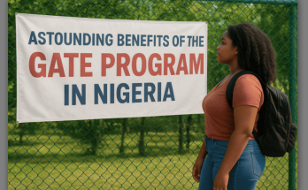 Photo of a Nigerian Female Student Looking a Banner Bearing “Astounding Benefits of GATE Program in Nigeria”.