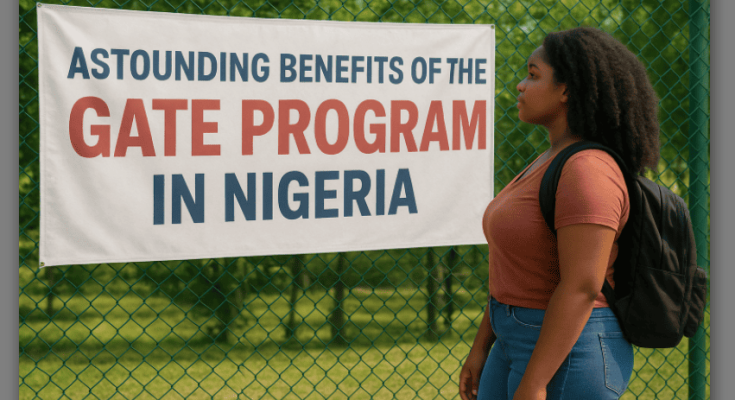 Photo of a Nigerian Female Student Looking a Banner Bearing “Astounding Benefits of GATE Program in Nigeria”.