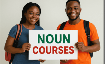 Photo of two Nigerian students holding a placard with the inscription: NOUN Courses
