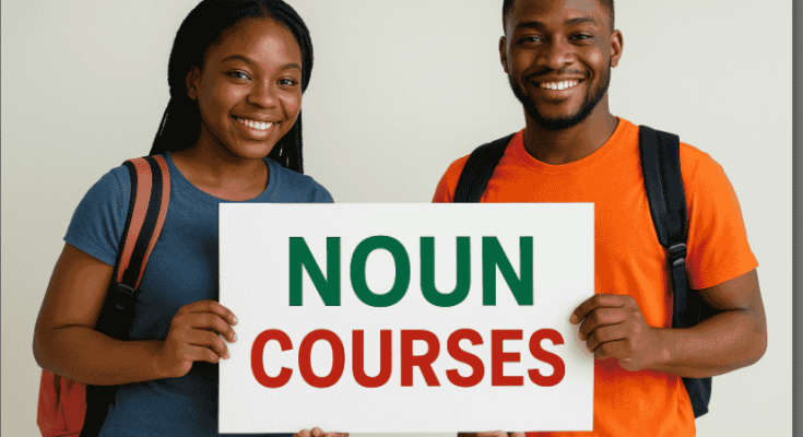 Photo of two Nigerian students holding a placard with the inscription: NOUN Courses