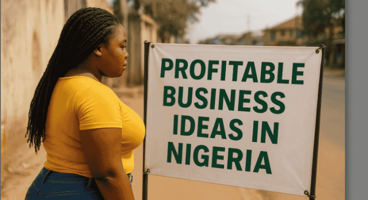 Photo of a Nigerian Woman Gazing at a Banner Bearing: Profitable Business Ideas in Nigeria.
