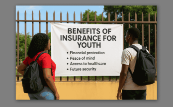 Photo of Two Nigerian Students Gazing At a Banner Bearing Benefits of Insurance for Youth Plans in Nigeria