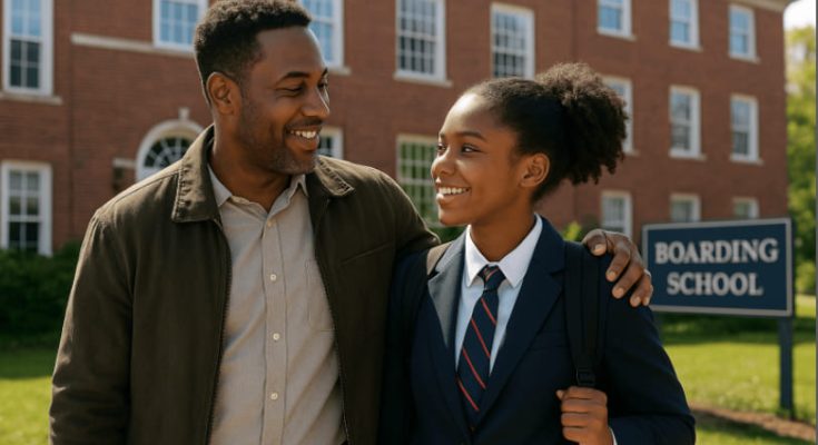 Photo of a Nigerian father standing in front of a boarding school house.